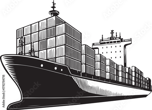 Cargo ship loaded with shipping containers Trade Import Export Hand-drawn Sketch Drawing Vector Illustration, Line Linear Symbol Engraving Coloring Book, Black and White Isolated