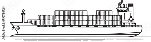 Cargo ship loaded with shipping containers Trade Import Export Hand-drawn Sketch Drawing Vector Illustration, Line Linear Symbol Engraving Coloring Book, Black and White Isolated
