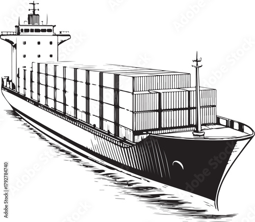 Cargo ship loaded with shipping containers Trade Import Export Hand-drawn Sketch Drawing Vector Illustration, Line Linear Symbol Engraving Coloring Book, Black and White Isolated
