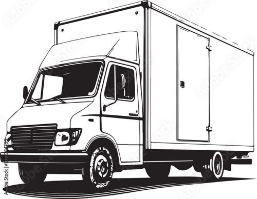 Delivery Truck, Movers, Trade Import Export Hand-drawn Sketch Drawing Vector Illustration, Line Linear Symbol Engraving Coloring Book, Black and White Isolated