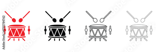drum and drumsticks vector icon set, musical instrument drum vector, silhouette and line art