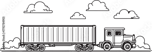 Freight train with cargo containers, Shipping, Trade Import Export Hand-drawn Sketch Drawing Vector Illustration, Line Linear Symbol Engraving Coloring Book, Black and White Isolated