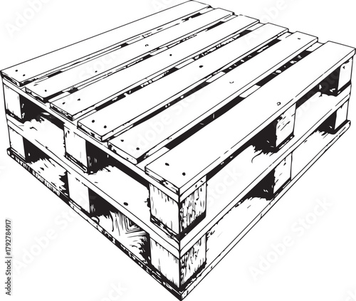 Pallets for Boxes Storage in Warehouse, Trade Import Export Hand-drawn Sketch Drawing Vector Illustration, Line Linear Symbol Engraving Coloring Book, Black and White Isolated