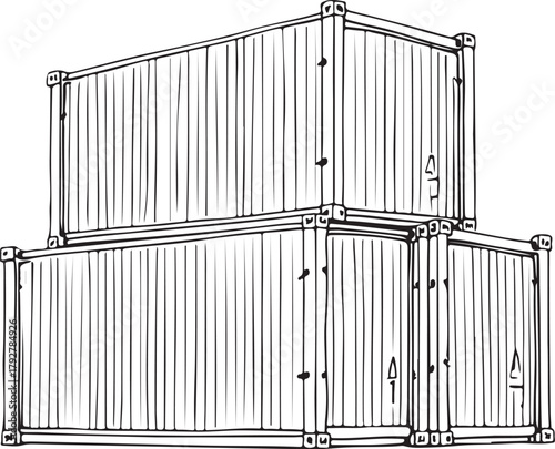 Shipping Containers in Port, Cargo Trade Import Export Hand-drawn Sketch Drawing Vector Illustration, Line Linear Symbol Engraving Coloring Book, Black and White Isolated