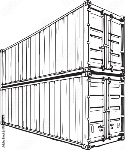 Shipping Containers in Port, Cargo Trade Import Export Hand-drawn Sketch Drawing Vector Illustration, Line Linear Symbol Engraving Coloring Book, Black and White Isolated