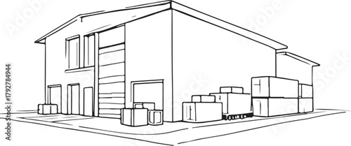 Warehouse building with boxes, Trade Import Export Hand-drawn Sketch Drawing Vector Illustration, Line Linear Symbol Engraving Coloring Book, Black and White Isolated