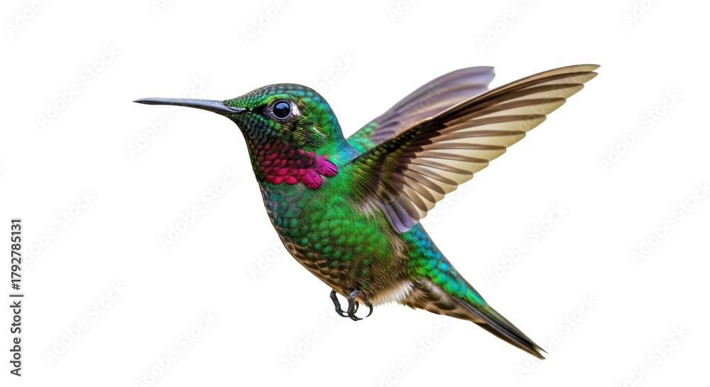 Fototapeta premium Isolated Hummingbird with iridescent plumage in flight, tropical bird flying mid-air