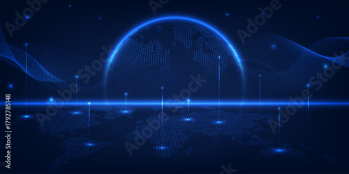 Vector illustrations of hologram globe rising on world map and futuristic digital wave wire.Future tech and digital tech design concepts.