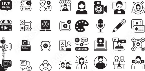 Content Creation and Live Streaming Vlogger Icon Set Vector