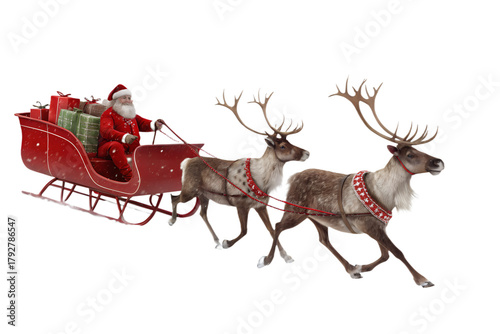 Santa Claus riding in a red sleigh pulled by four reindeer, isolated on transparent background. Traditional Christmas scene with Santa delivering gifts. Festive holiday concept with realistic 3D rende