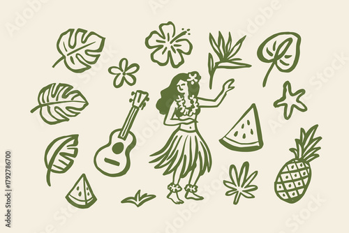 Hula girl tropical doodle elements hand drawn vector illustration