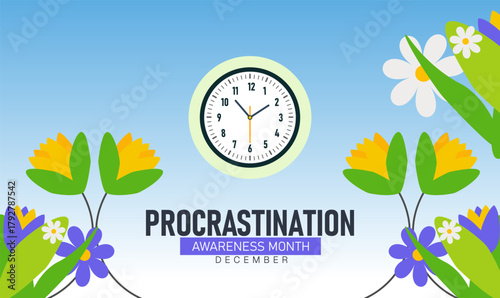 Procrastination Awareness Month Poster Banner and Background Abstract Design Template Featuring Clock Calendar and Lazy Character Illustration for Time Management Productivity Motivation and Self Impr