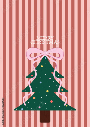 Merry Christmas Holiday Card Design with Modern Tree, Pink Bow, and Vertical Red Stripes Background