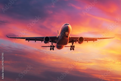 Sunset Landing of a Commercial Airplane Over a Colorful Sky.