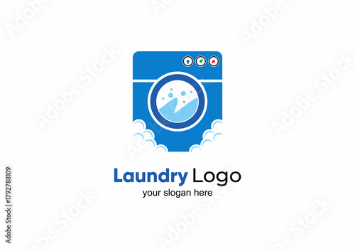 Laundry icon logo design of washing machine with bubbles for clothes, clean wash, modern template