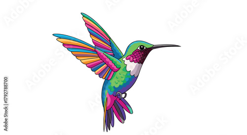 A vibrant and colorful hummingbird with outstretched wings hovers mid-air.