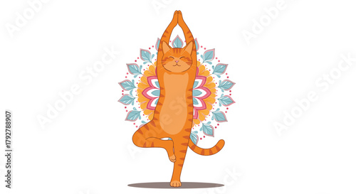 A joyful ginger cat gracefully performs a tree pose yoga in front of a decorative mandala design.