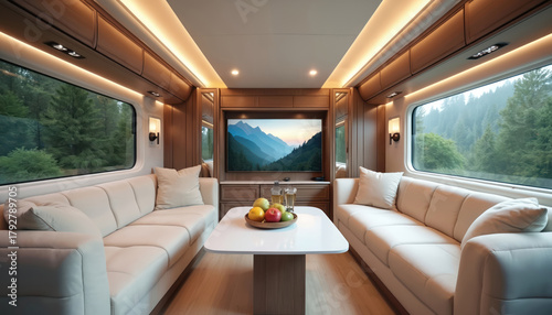 Luxury RV interior features cream sofas facing each other. A white table with fruit sits between them. A large TV displays mountain scenery. Windows reveal a forest view.