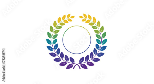 A colorful wreath of leaves with a circular outline inside and a white background.
