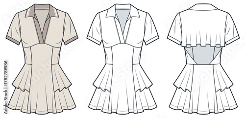 Jersey Mini Dress with open back technical fashion illustration. Polo Dress fashion flat technical drawing template, front and back view, white, beige, women CAD mockup.