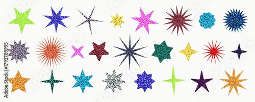 Glitter star stickers in multicolor palette. Sparkling sequin confetti texture with foil shine. Vector design for scrapbooking, crafts, party invitations, and christmas decor.