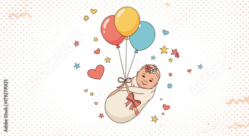 A precious new baby is celebrated with balloons and stars. This adorable illustration captures the joy of welcoming a little one into the world.