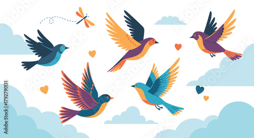 A flock of colorful birds gracefully soaring through a cloudy sky surrounded by small hearts and a dragonfly.