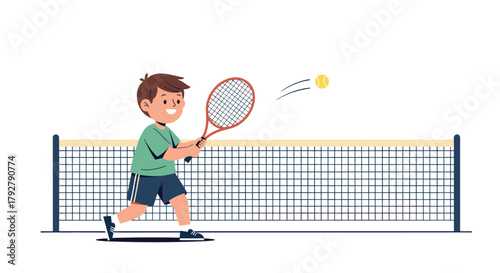 A young boy is happily playing tennis hitting the ball over the net.