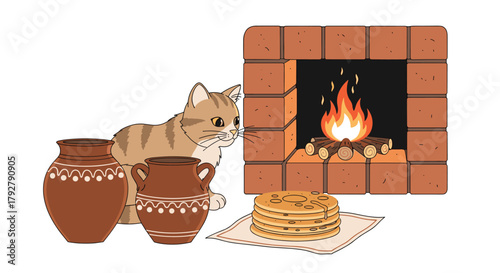 A fluffy cat sits by a cozy fireplace with traditional pots and a stack of pancakes on a mat.