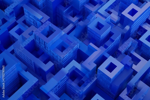 Abstract Blue Maze Design With Geometric Shapes and Patterns in a Vibrant Dig...