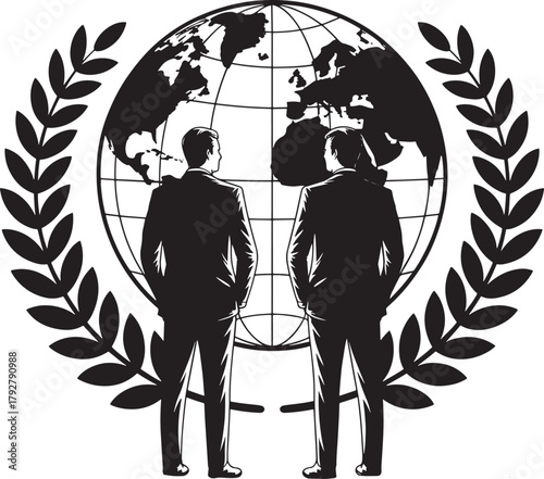 Global vision two businessmen standing before world globe icon vector