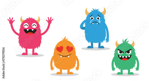 A colorful group of cute cartoon monsters expressing different emotions with happy sad and angry feelings.