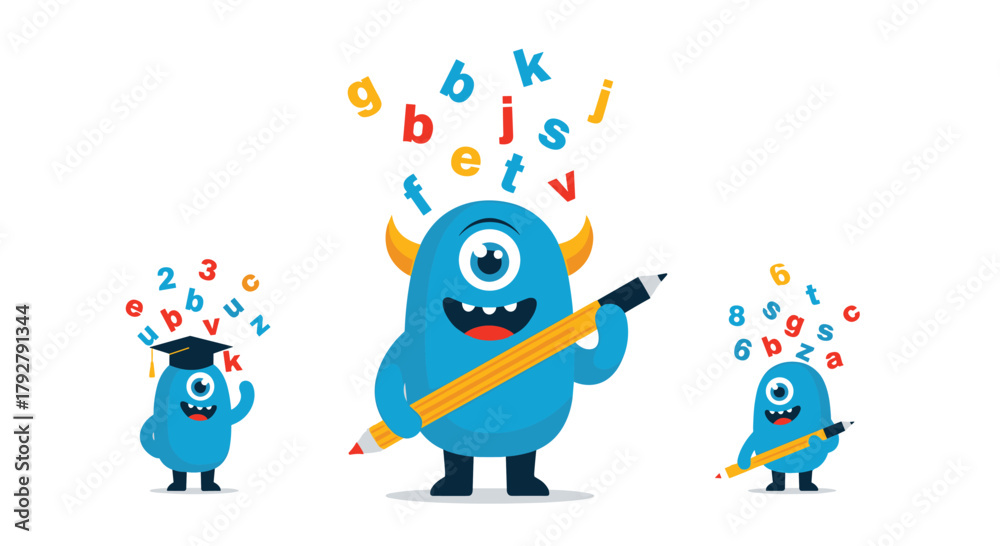 Obraz premium Fun cartoon monsters learning and writing with letters and numbers for education.