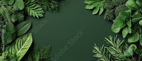 Fresh green herbs and leaves forming a natural border on dark green backdrop, vibrant garden growth, healthy food preparation.