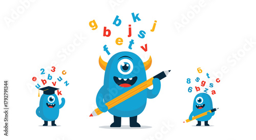 Fun cartoon monsters learning and writing with letters and numbers for education.