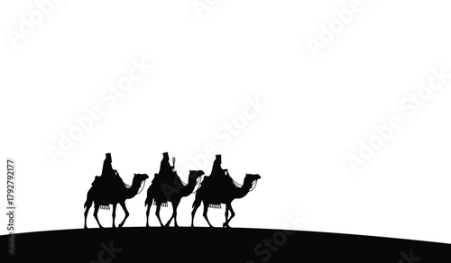 Vector illustration of three wise men kings riding on camels silhouette on white background