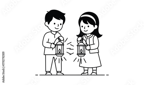 A boy and girl holding lanterns outline vector white background