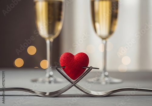 Romantic Valentine's Day dinner celebration with champagne and a heart centerpiece for a memorable and elegant evening of love and romance