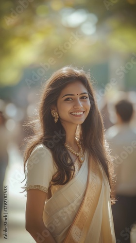 Young Woman in Traditional Attire Smiles Happily During a Festive Gathering i...
