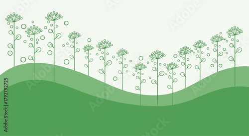 A stylized depiction of a forest with tall slender trees on rolling green hills.