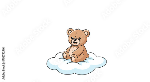 A fluffy brown teddy bear sitting contentedly on a soft white cloud.