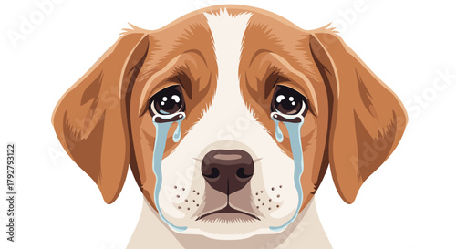 A sad puppy with tears streaming down its face looking directly at the camera.