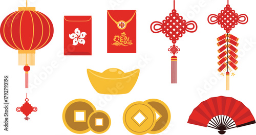 Vibrant chinese new year decorations featuring lanterns coins and red envelopes