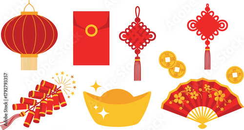 Collection of traditional chinese new year decorations and symbols