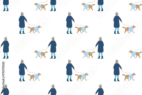 Winter seamless pattern. Woman in warm clothes is walking outdoors with  dog. Walking with  pet. Flat vector design. For wallpaper, textiles, packaging, backgrounds or websites.