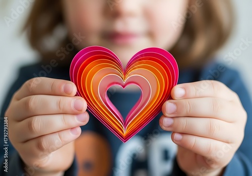 Precious child shares colorful heart crafted with love perfect for Valentine's Day greetings or heartfelt messages of affection and kindness now