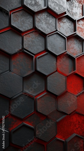 Modern Textured Wall With Hexagonal Patterns in Black and Red Color Scheme