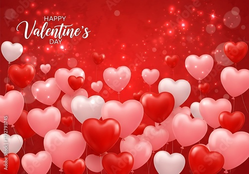 Romantic Valentine's Day with floating heart balloons on a sparkling red backdrop perfect for cards, greetings, invitations, and social media posts