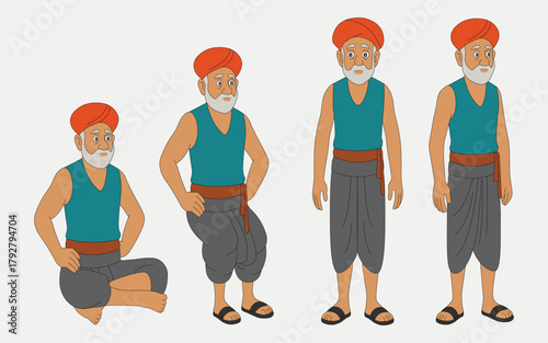 indian man old cartoon character for 2d animation
