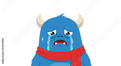A blue furry monster with horns wearing a red scarf is crying with tears streaming down its face and mouth open in distress.
